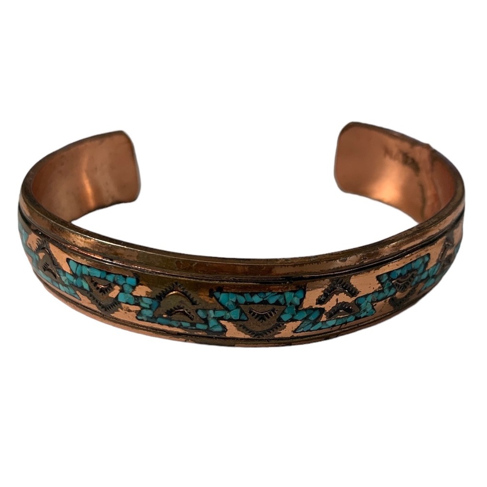 Signed Nakai Navajo Turquoise Inlaid Cooper Bracelet